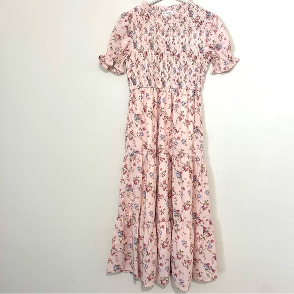 Ivy City Co Madeline Pink Floral Smocked Tiered Midi Dress SIZE XXS - Picture 2 of 6